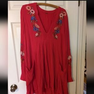 free People Boho Floral Embroidered Red Dress Long Sleeve V Neck Empire Waist